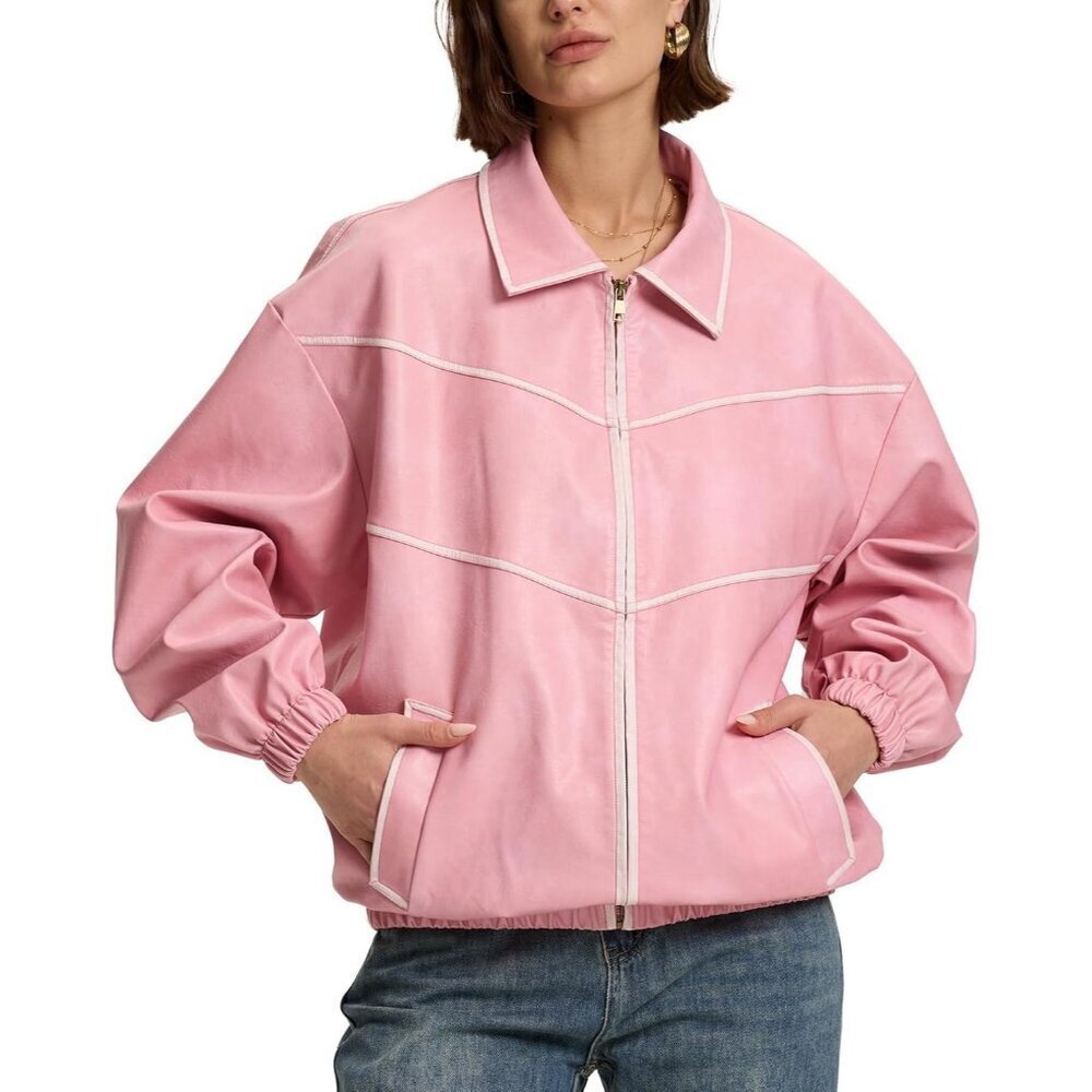 Women's Pink Oversized Y2K Faux Leather Jackets Vintage Plus Motorcycle Coats
